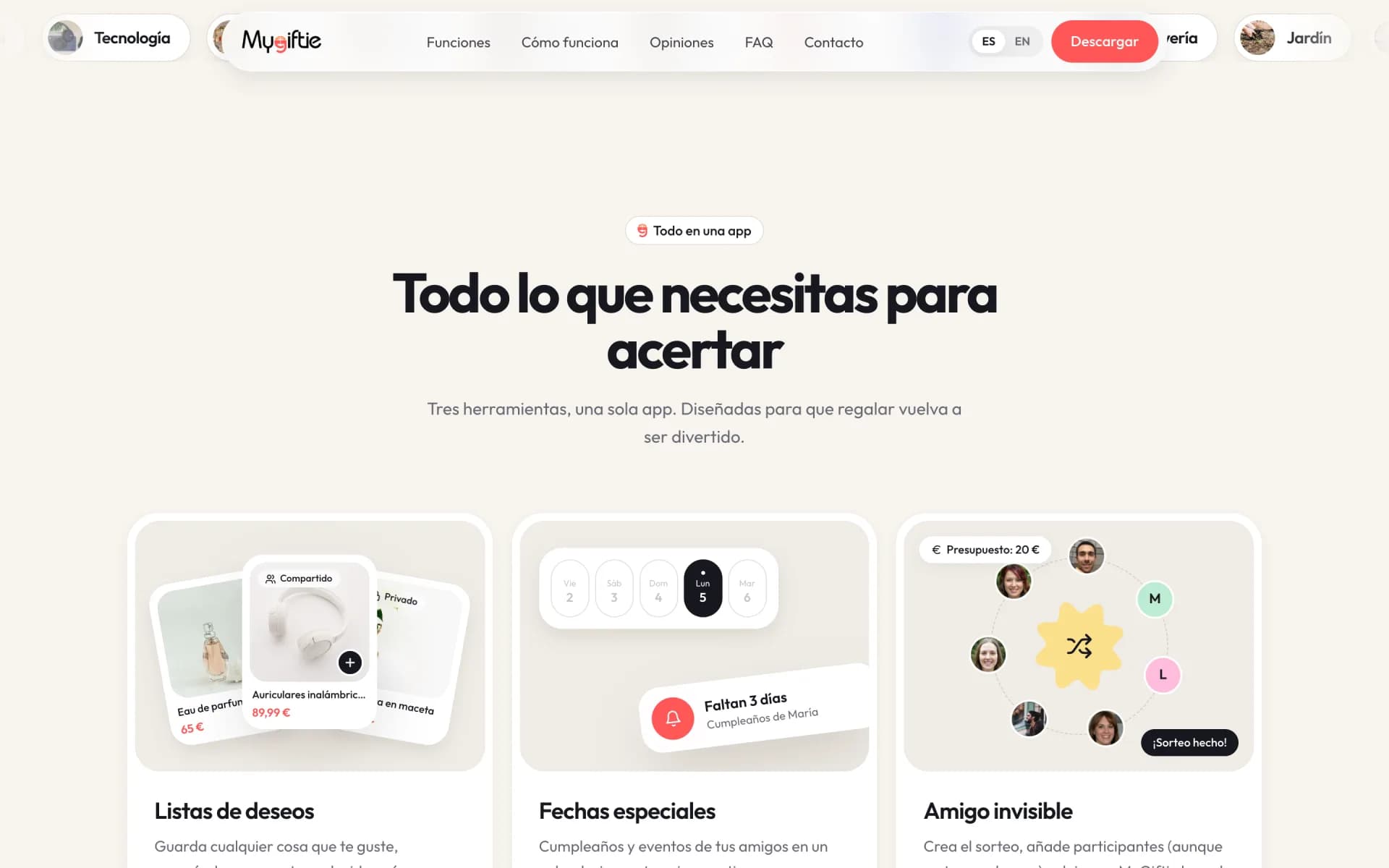 Web de MyGiftie, secció de funcions